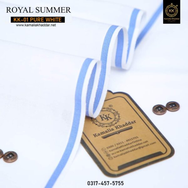 KK-01 Pure White Summer Khadi Cotton Khaddar is made with 100% Pure Cotton Khaddar. Clad yourself in the bright colors of this soft comfortable earthy texture Summer Khadi Cotton Kamalia Khaddar 2023 and be admired in the summer season.