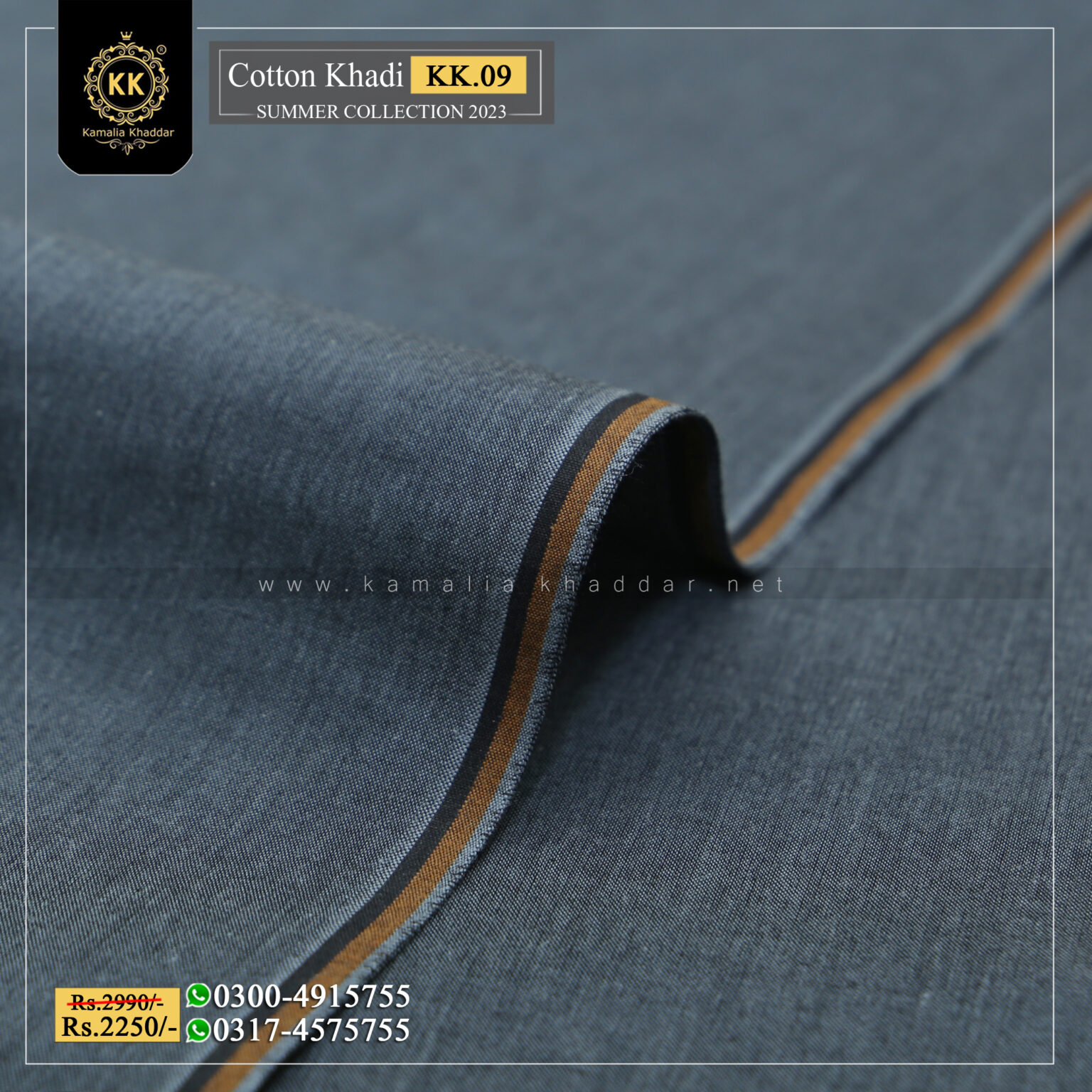 KK-09 Malaysia Grey Summer Cotton Khadi Khaddar of Kamalia made with 100% Pure Cotton Khaddar