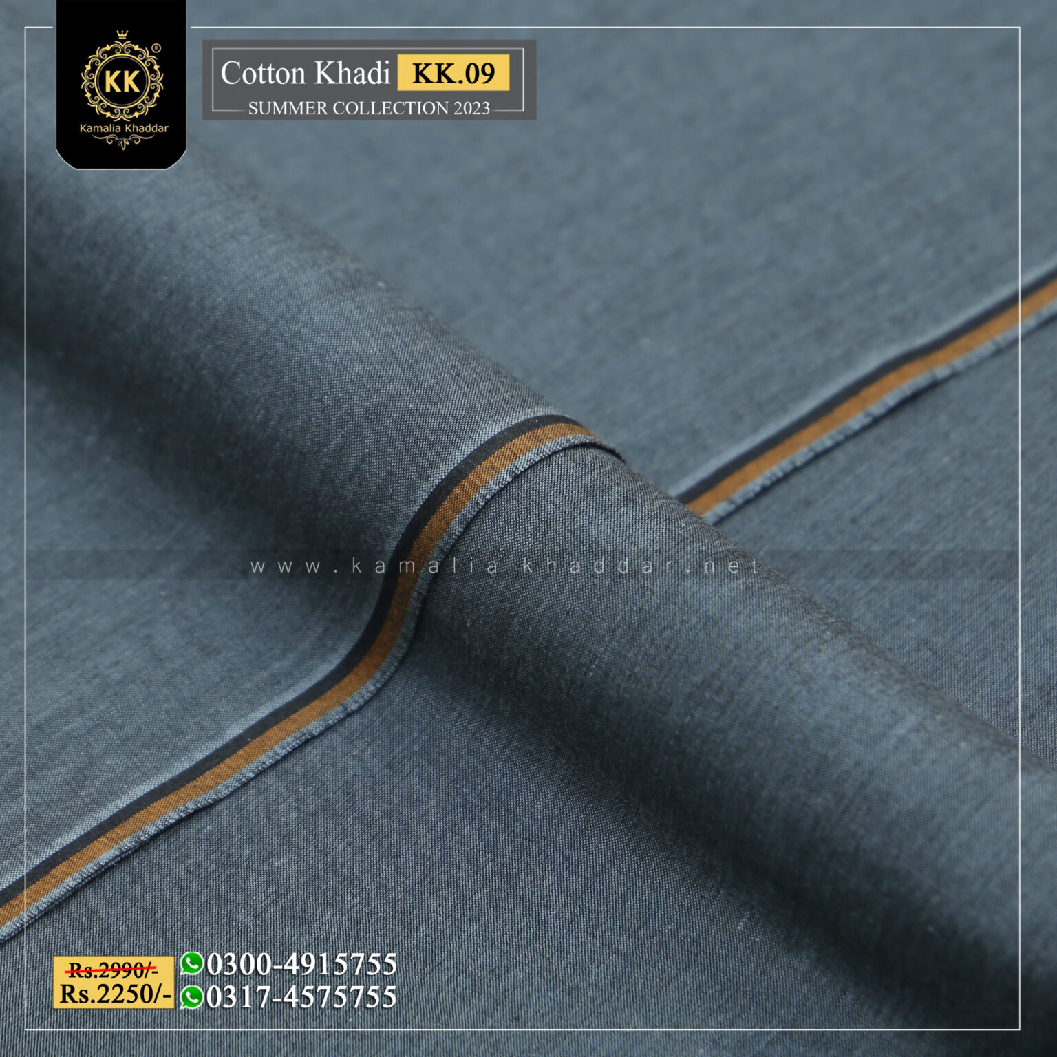KK-09 Malaysia Grey Summer Cotton Khadi Khaddar of Kamalia made with 100% Pure Cotton Khaddar