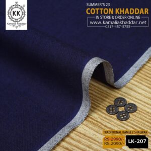 KK-207 Navy Blue Lawn Khadi Khaddar is made with 100% Pure Cotton Khaddar. Clad yourself in the bright colors of this soft comfortable earthy texture Summer Khadi Cotton Kamalia Khaddar 2023 and be admired in the summer season.