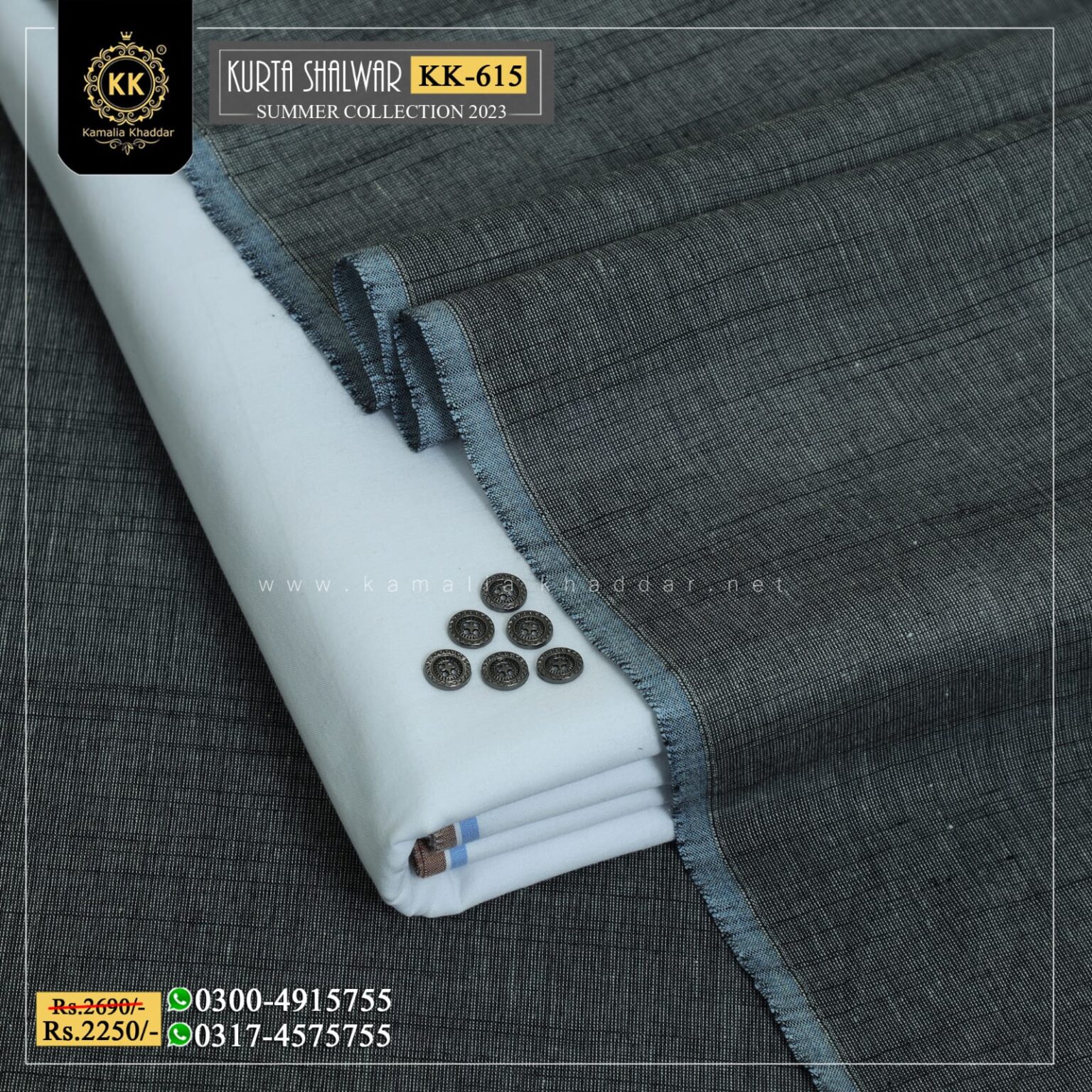 KK-615 Grey Designer Khaddar Kurta With White Shalwar Kamalia Khaddar Summer Collecton.