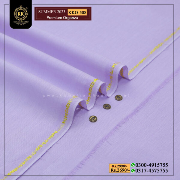 KKO-508 Premium Organza Kamalia Premium Khaddar is made with 100% Pure Cotton Khaddar. Clad yourself in the bright colors of this soft comfortable earthy texture Summer Khadi Cotton Kamalia Khaddar 2023 and be admired in the summer season.