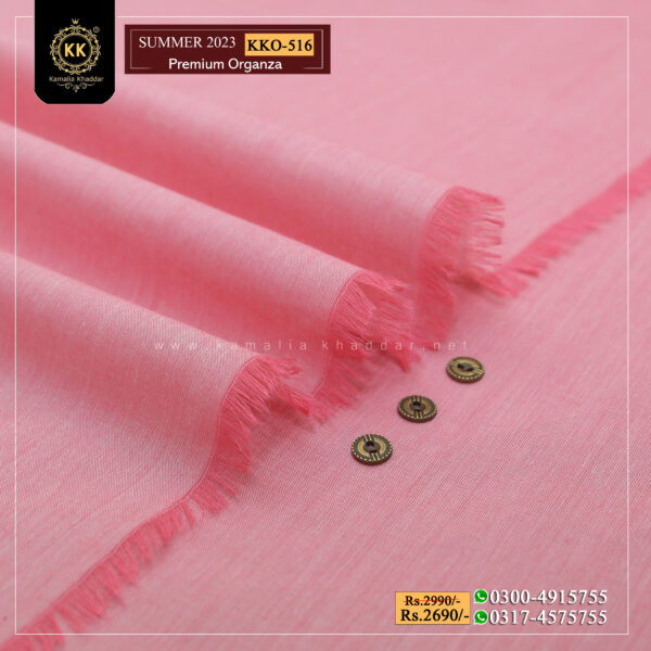 KKO-516 Baby Pink Ferozi Premium Organza Kamalia Premium Khaddar is made with 100% Pure Cotton Khaddar. Clad yourself in the bright colors of this soft comfortable earthy texture Summer Khadi Cotton Kamalia Khaddar 2023 and be admired in the summer season.