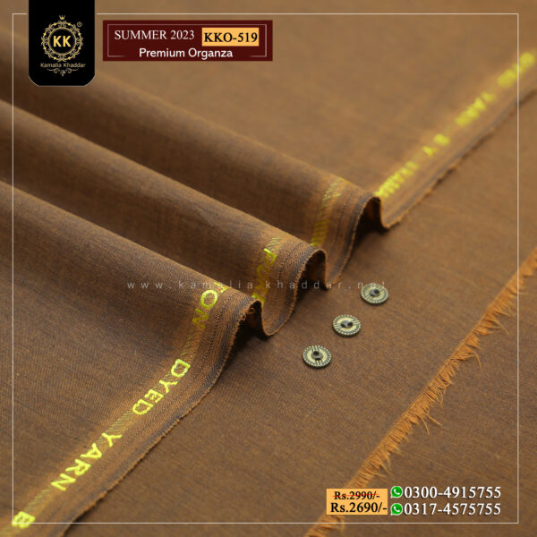 KKO-519 Premium Organza Kamalia Premium Khaddar is made with 100% Pure Cotton Khaddar. Clad yourself in the bright colors of this soft comfortable earthy texture Summer Khadi Cotton Kamalia Khaddar 2023 and be admired in the summer season.