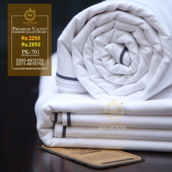 PK-701 Premium White Kamalia Khadar Summer is made with 100% Pure Cotton Khaddar. Clad yourself in the bright colors of this soft comfortable earthy texture Summer Khadi Cotton Kamalia Khaddar 2023 and be admired in the summer season.