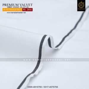 PK-701 Premium White Kamalia Khadar Summer is made with 100% Pure Cotton Khaddar. Clad yourself in the bright colors of this soft comfortable earthy texture Summer Khadi Cotton Kamalia Khaddar 2023 and be admired in the summer season.
