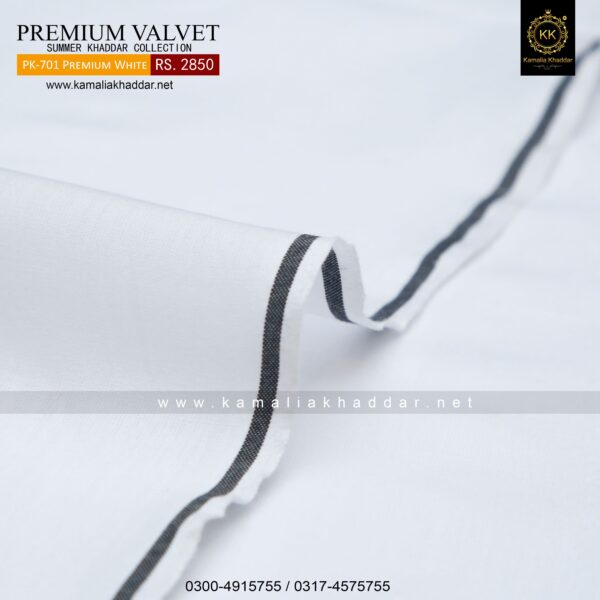 PK-701 Premium White Kamalia Khadar Summer is made with 100% Pure Cotton Khaddar. Clad yourself in the bright colors of this soft comfortable earthy texture Summer Khadi Cotton Kamalia Khaddar 2023 and be admired in the summer season.