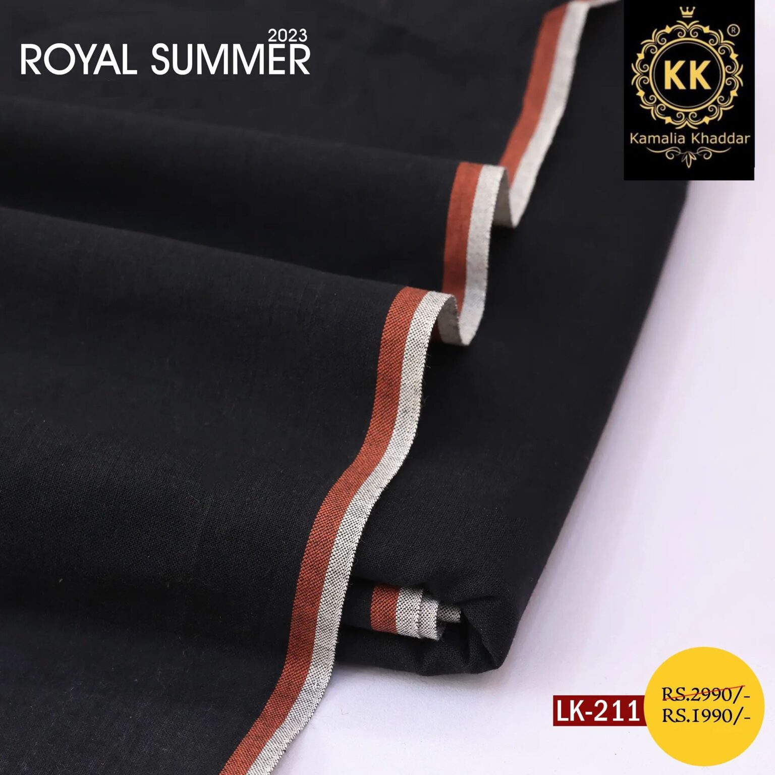 2023 Summer: LK-211 Pure Black Lawn Khadi Cotton Khaddar
