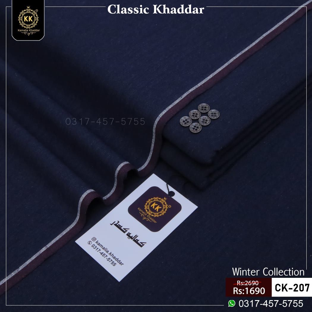 CK-207 Navy Blue Classic Kamalia Khaddar Winter Collection Kamalia Khaddar Winter Collection 2026-2027 Classic Khaddi Edition is our starting-range and basic-quality fabric, specially produced on a Khadi Loom with a traditional 60 × 60 Khadi Taana Baana and Single Goli construction.