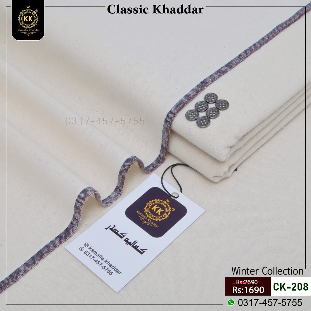 CK-208 Classic Kamalia Khaddar Winter Collection Kamalia Khaddar Winter Collection 2026-2027 Classic Khaddi Edition is our starting-range and basic-quality fabric, specially produced on a Khadi Loom with a traditional 60 × 60 Khadi Taana Baana and Single Goli construction.